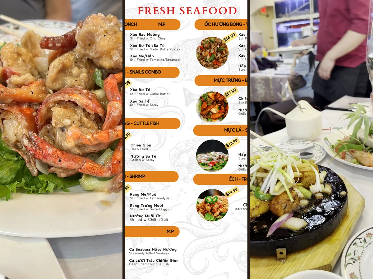 Vietnamese seafood dishes arranged for lunch service.