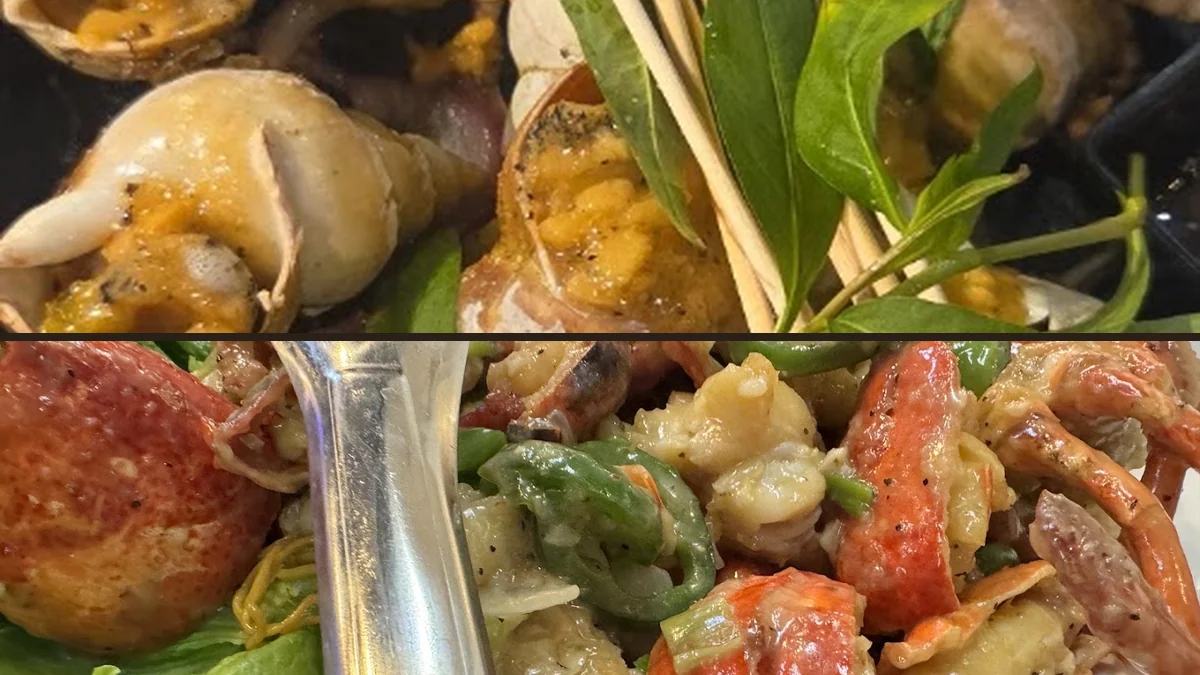 Seafood plates on a casual restaurant table.