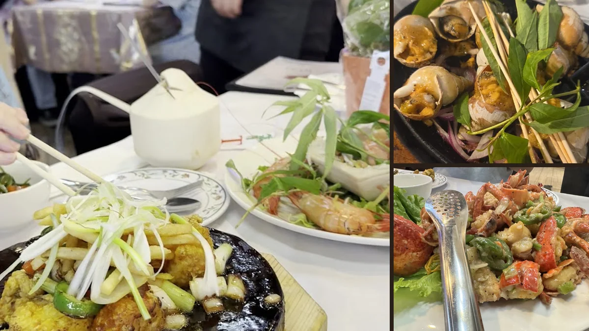 Seafood plates on a casual restaurant table.