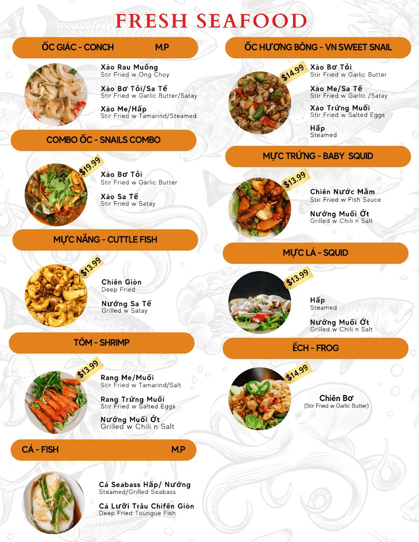 Vietnamese seafood dishes arranged for lunch service.