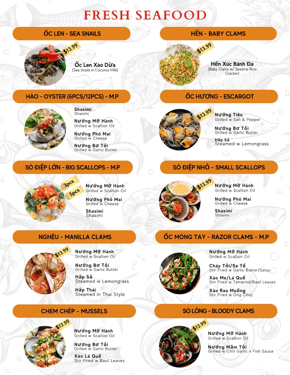 Printed menu pages for seafood and Vietnamese dishes.