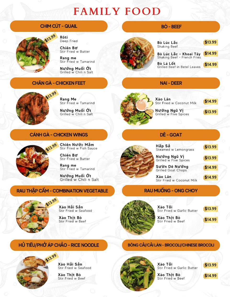 Menu layout with crab, lobster, and small plates.