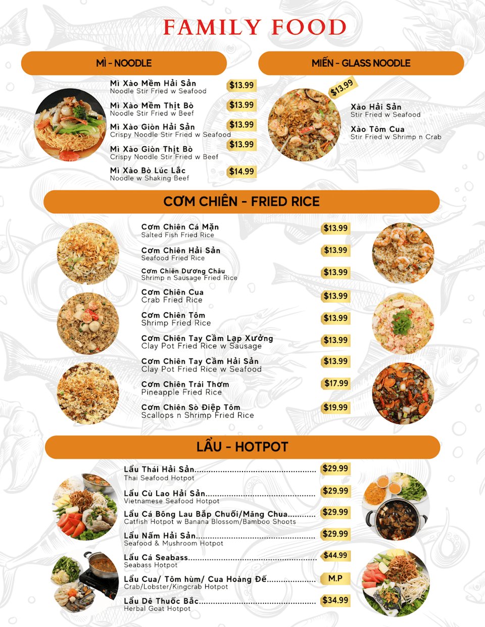 Seafood categories listed for lunch and dinner.